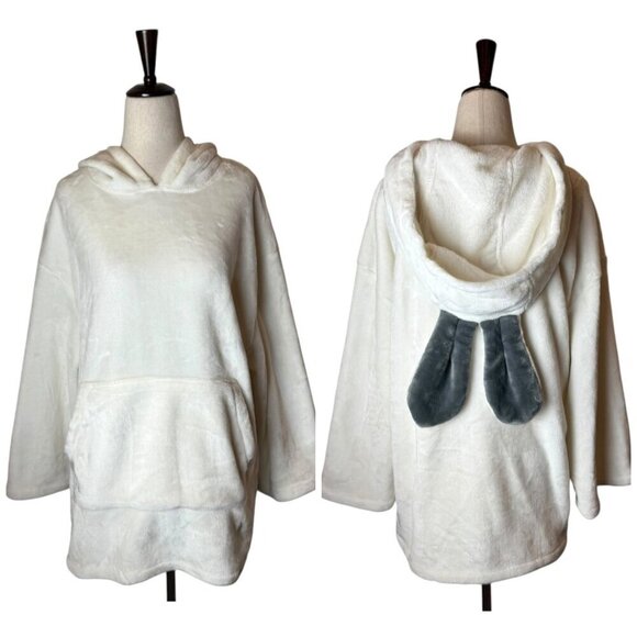 Macy Mccoy Sweatshirt Women Large Ivory Fleece Bunny Ears Hoodie Pullover - Picture 1 of 10